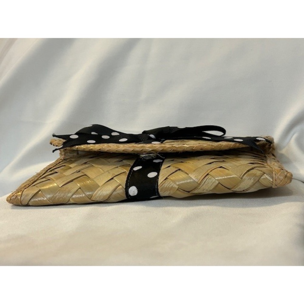Vintage Depre Bahamas Straw Woven Clutch Black Polka Dot Bow Envelope Style - Picture 9 of 14
